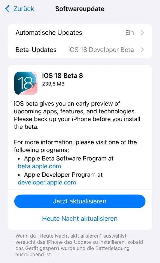 银州苹果手机维修分享苹果 iOS / iPadOS 18 开发者预览版 Beta 8 发布 